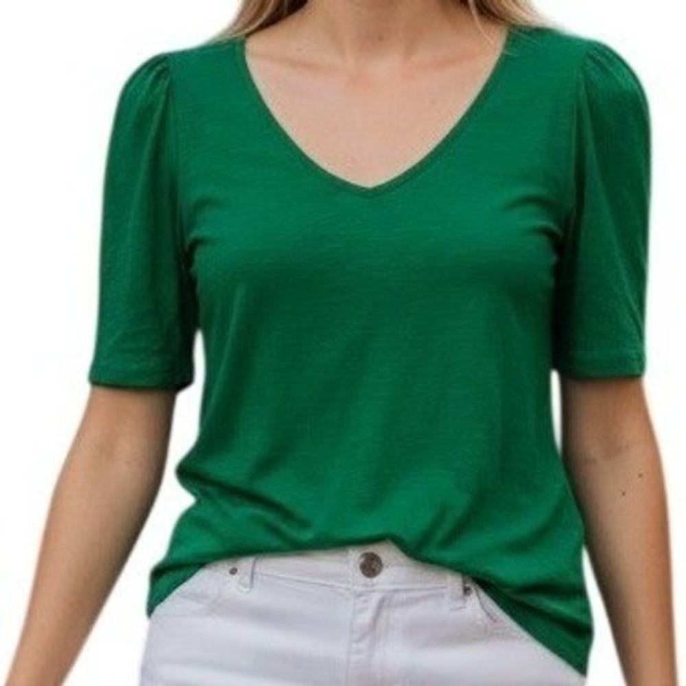 ANTHROPOLOGIE MEADOW RUE Emerald Green V-Neck Puff Sleeve Bow Back Cutout Top S
